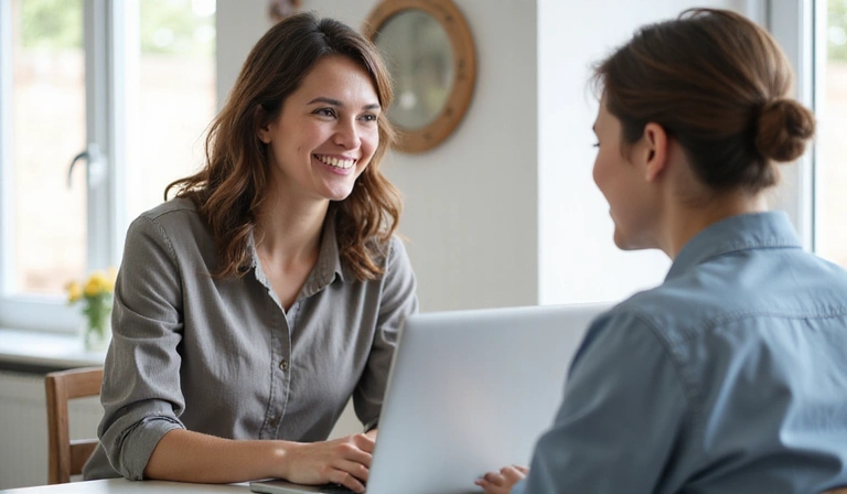 A person receiving online consultation on a laptop, showing a friendly nutritionist on screen.