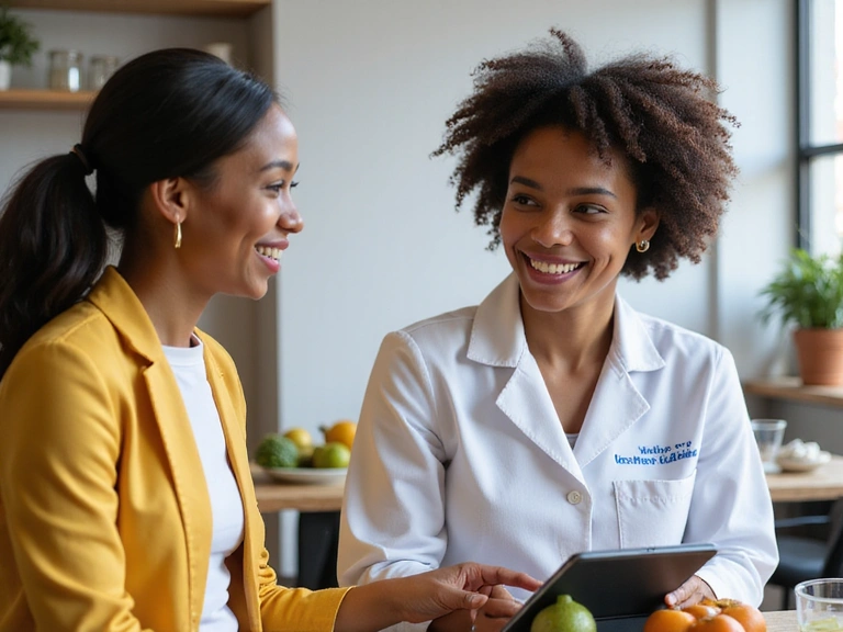 A friendly nutritionist helping a client with a personalized meal plan, smiling and pointing to a digital tablet.