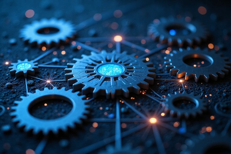 Abstract gears and data points representing efficient data processing and usage