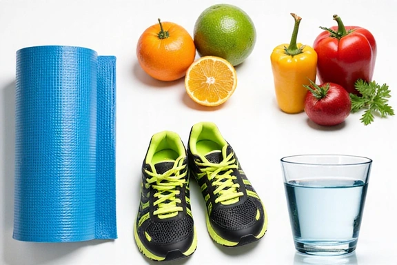 Healthy lifestyle components like fruits, vegetables, and exercise equipment