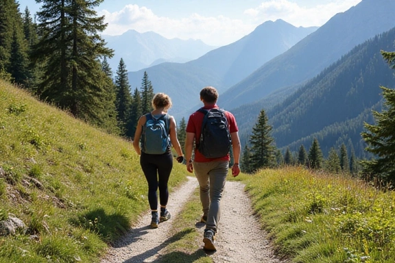 Happy couple hiking in mountains